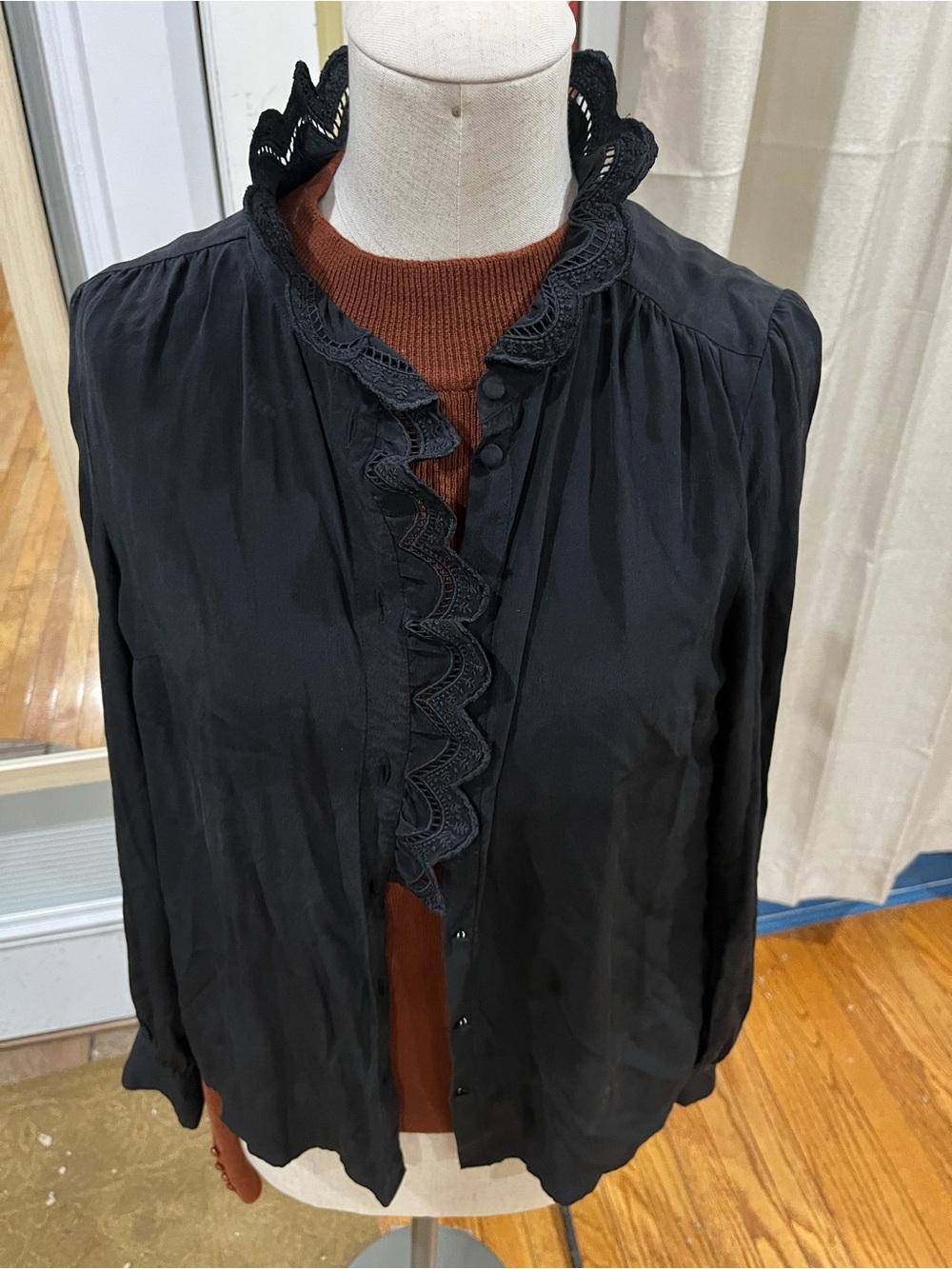Sezane Black Ruffled Lace-Trim Button Blouse